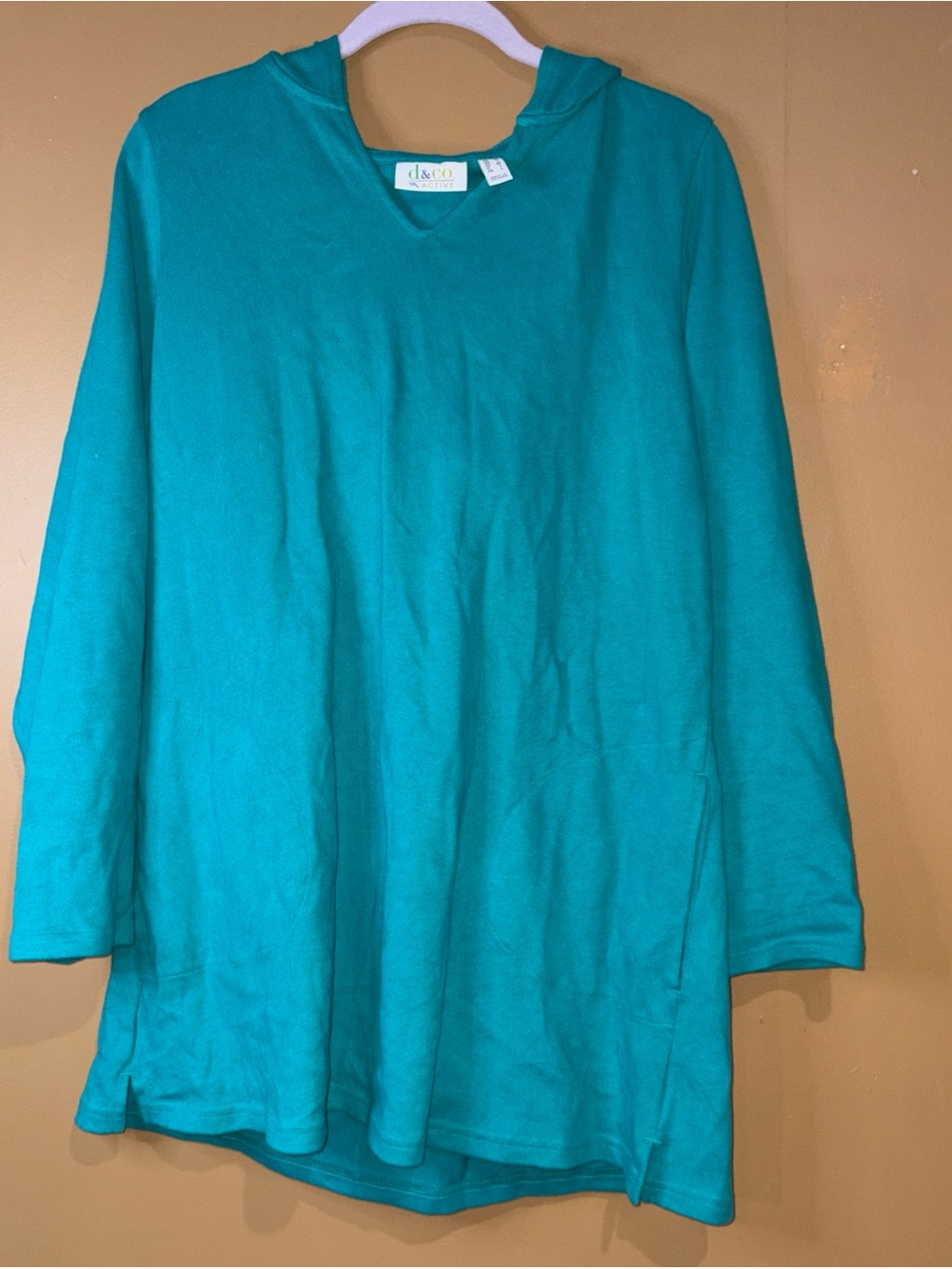 HC802 Denim & Co. Tunic Hoodie  Green Long Sleeve Pockets Medium